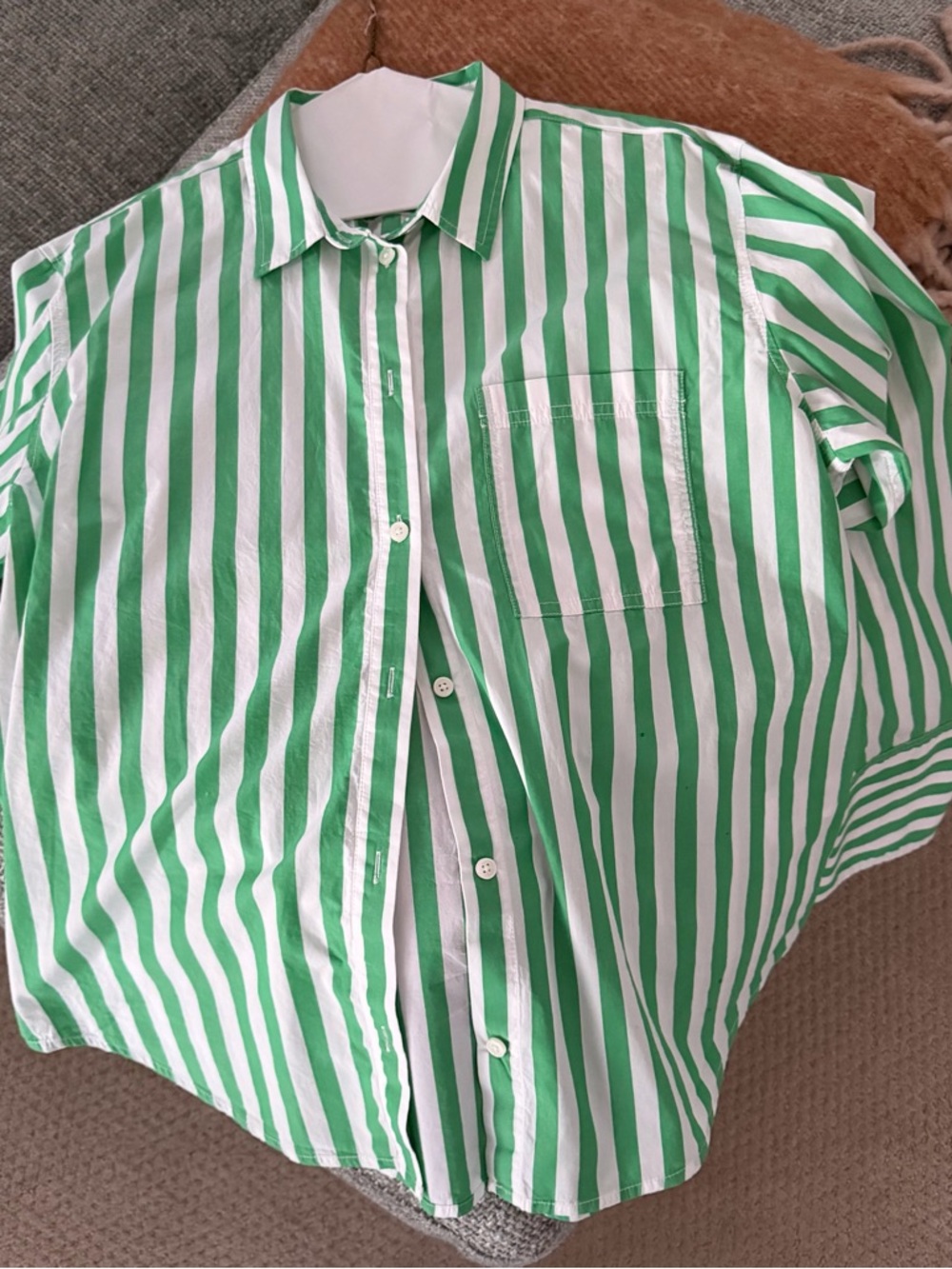 J. Crew Green and White Vertical Stripe Button-Down Shirt